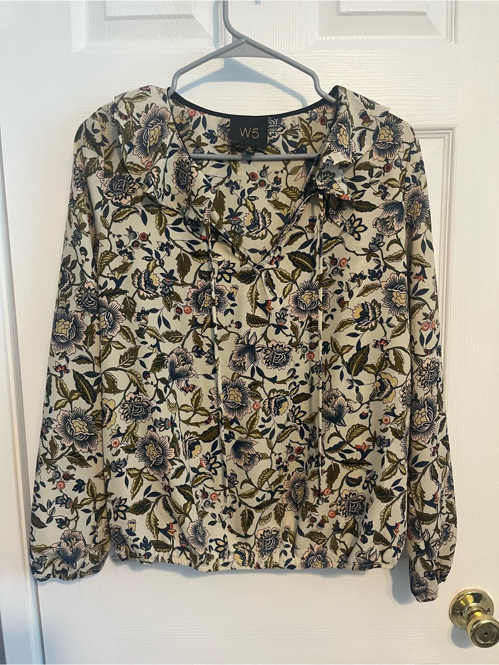 W5 Cream Floral Tie-Front Blouse with Olive and Navy Accents